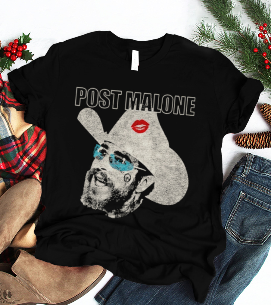 Post Malone Cowboy Hat Kiss Red Lips Blue Sunglasses T-Shirt