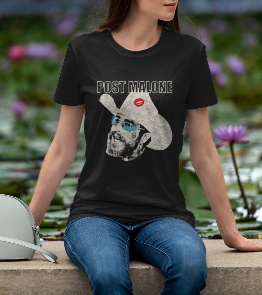 Post Malone Cowboy Hat Kiss Red Lips Blue Sunglasses T-Shirt
