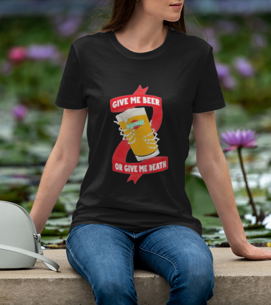 Boulevard Brewing Give Me Beer Or Give Me Death Skeleton Hands Holding Beer Glass T-Shirt