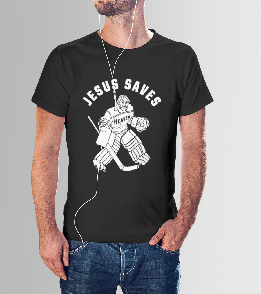 Jesus Saves Hockey Goalie Blocking Puck T-Shirt