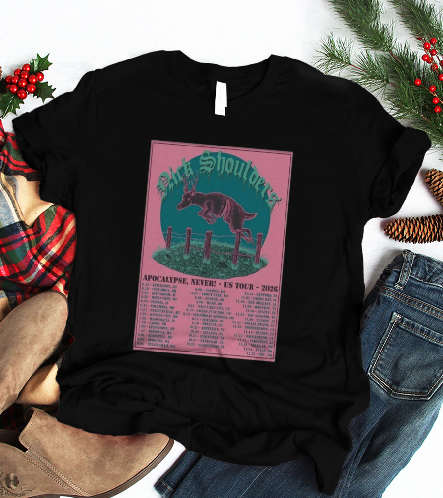 Nick Shoulders Apocalypse Never US Tour 2026 Retro Pink And Teal Leaping Deer Design With Tour Dates T-Shirt