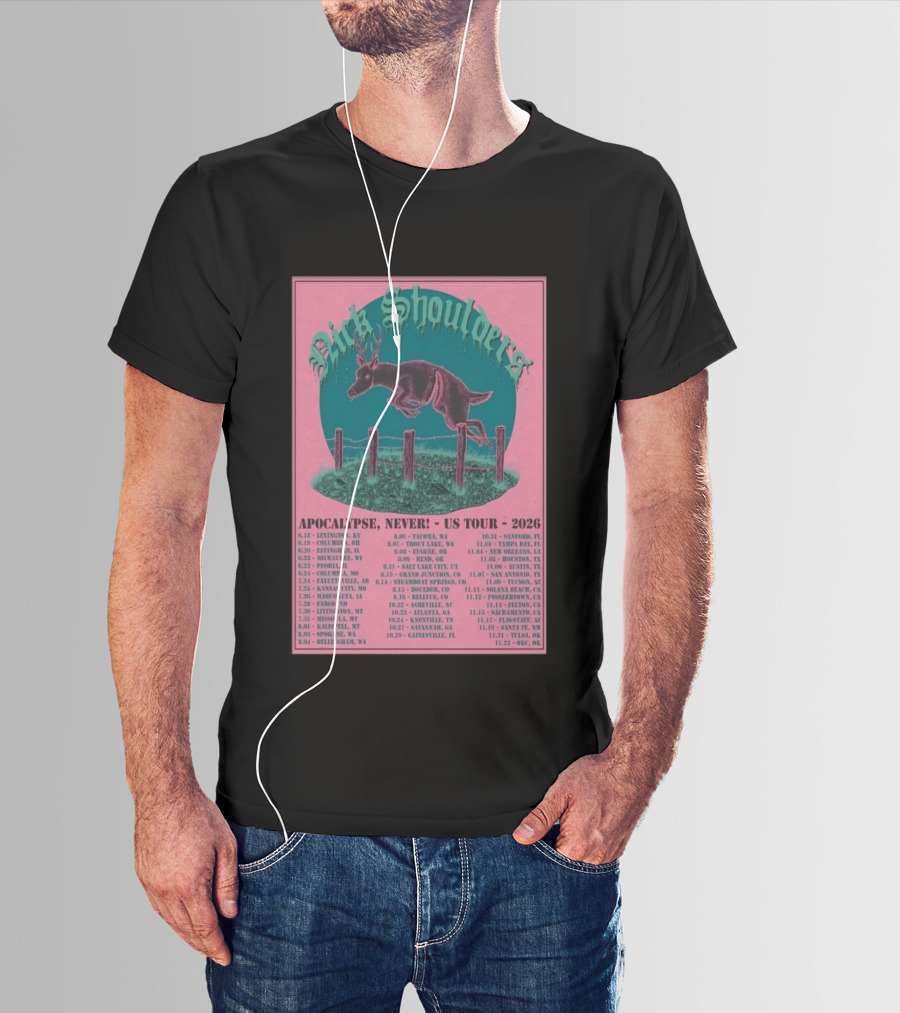 Nick Shoulders Apocalypse Never US Tour 2026 Retro Pink And Teal Leaping Deer Design With Tour Dates T-Shirt