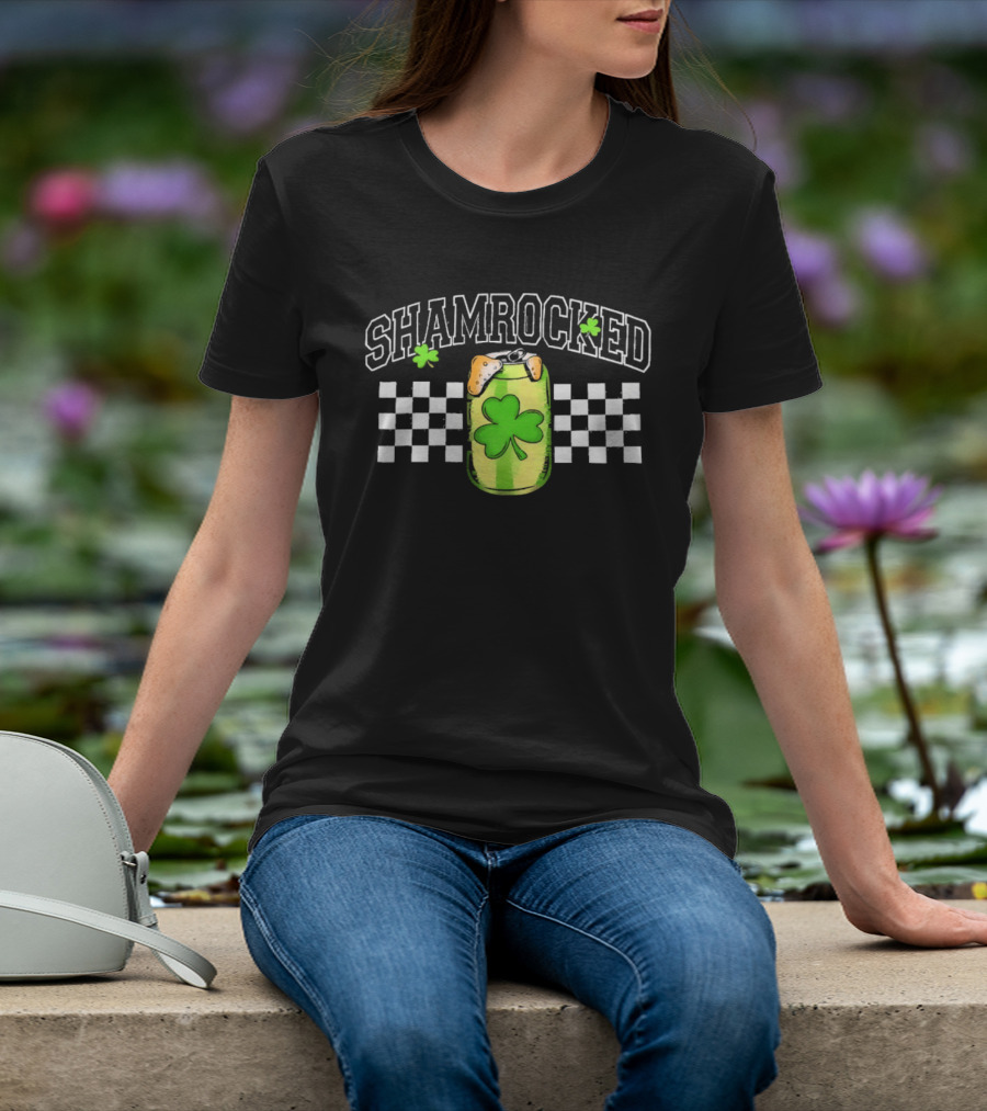 Shamrocked St. Patrick's Day Beer Can Checkerboard Clover USA T-Shirt
