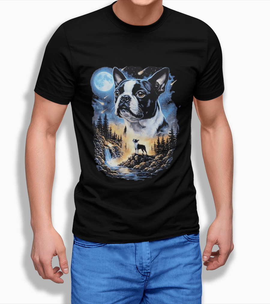 Boston Terrier Howling Moon Night Wilderness Scene T-Shirt