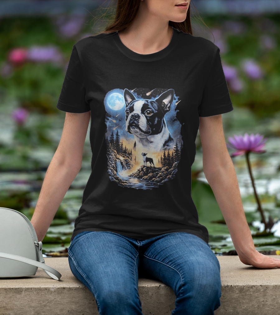 Boston Terrier Howling Moon Night Wilderness Scene T-Shirt