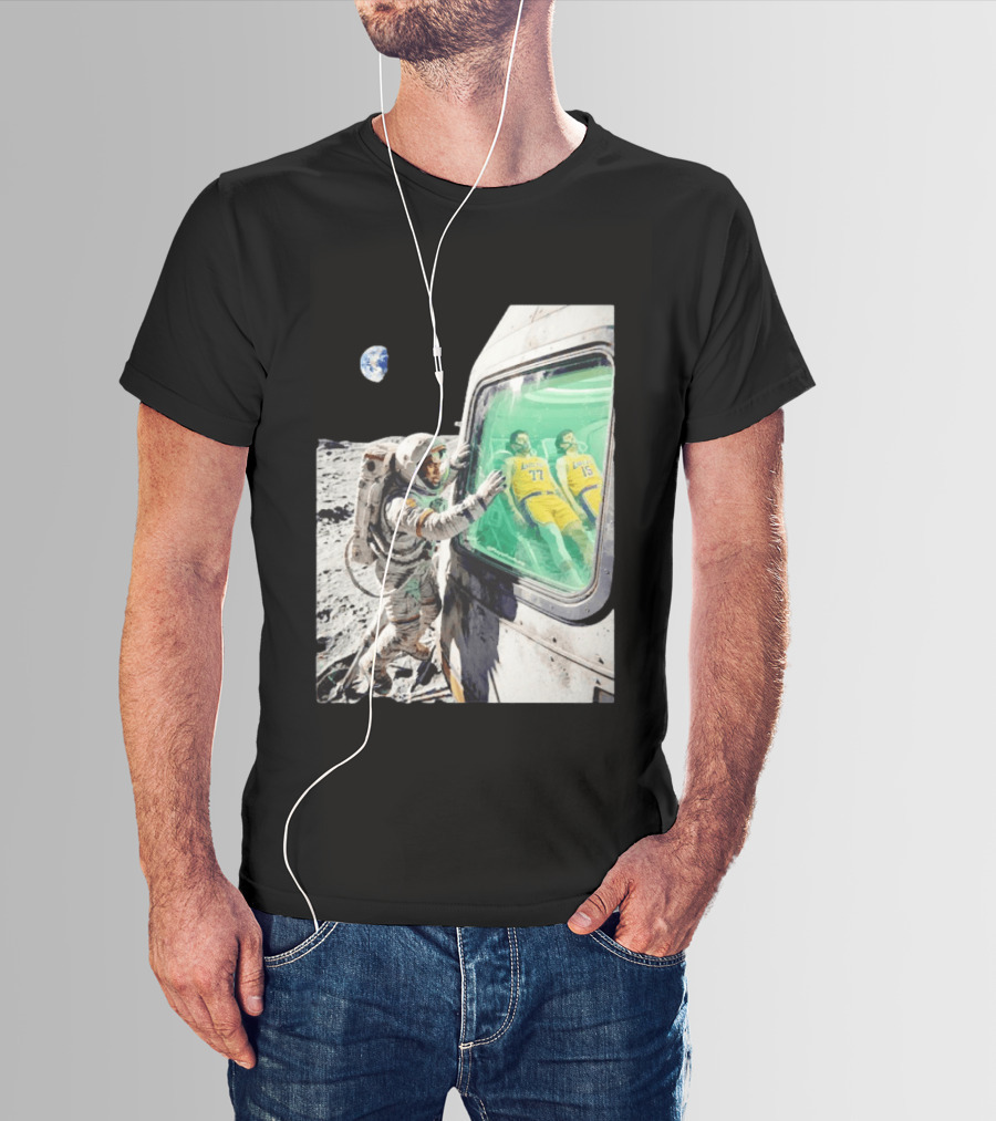 LeBron James Lakers Alone In Space Astronaut Scene With Number 77 And 15 In Spaceship T-Shirt