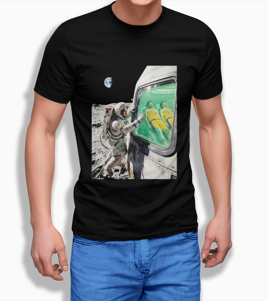 LeBron James Lakers Alone In Space Astronaut Scene With Number 77 And 15 In Spaceship T-Shirt