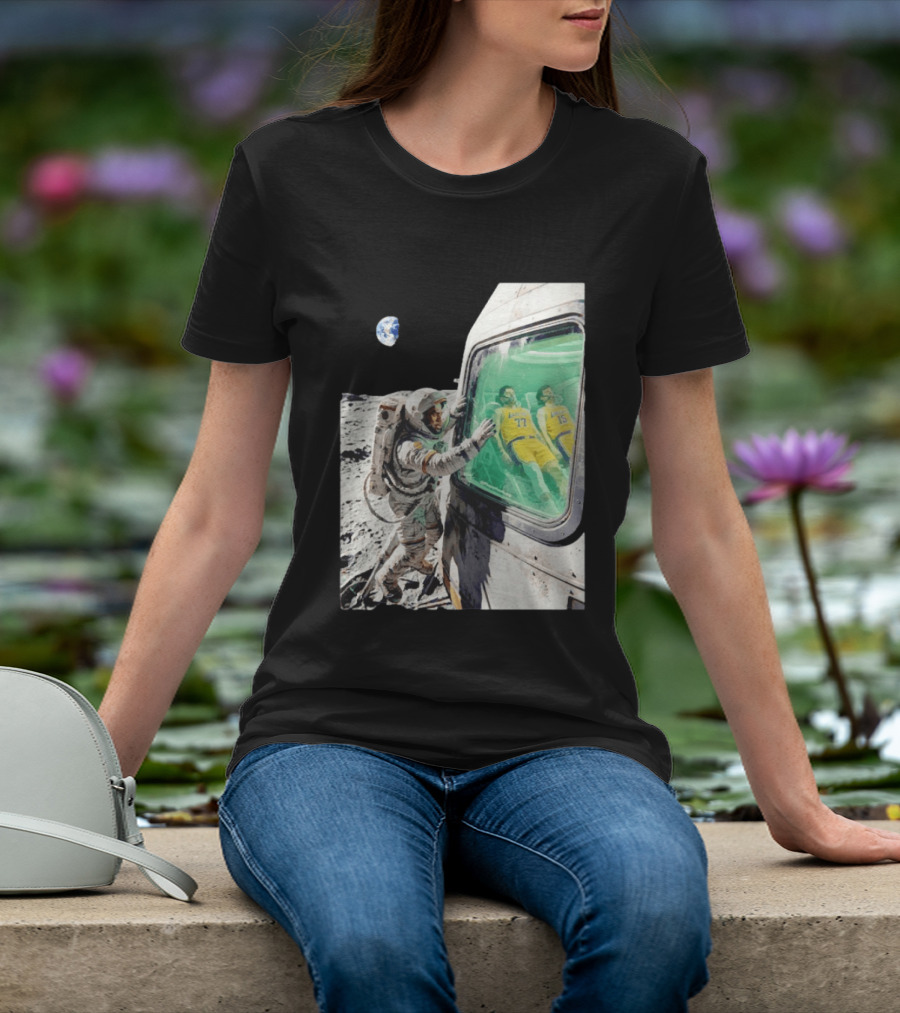 LeBron James Lakers Alone In Space Astronaut Scene With Number 77 And 15 In Spaceship T-Shirt