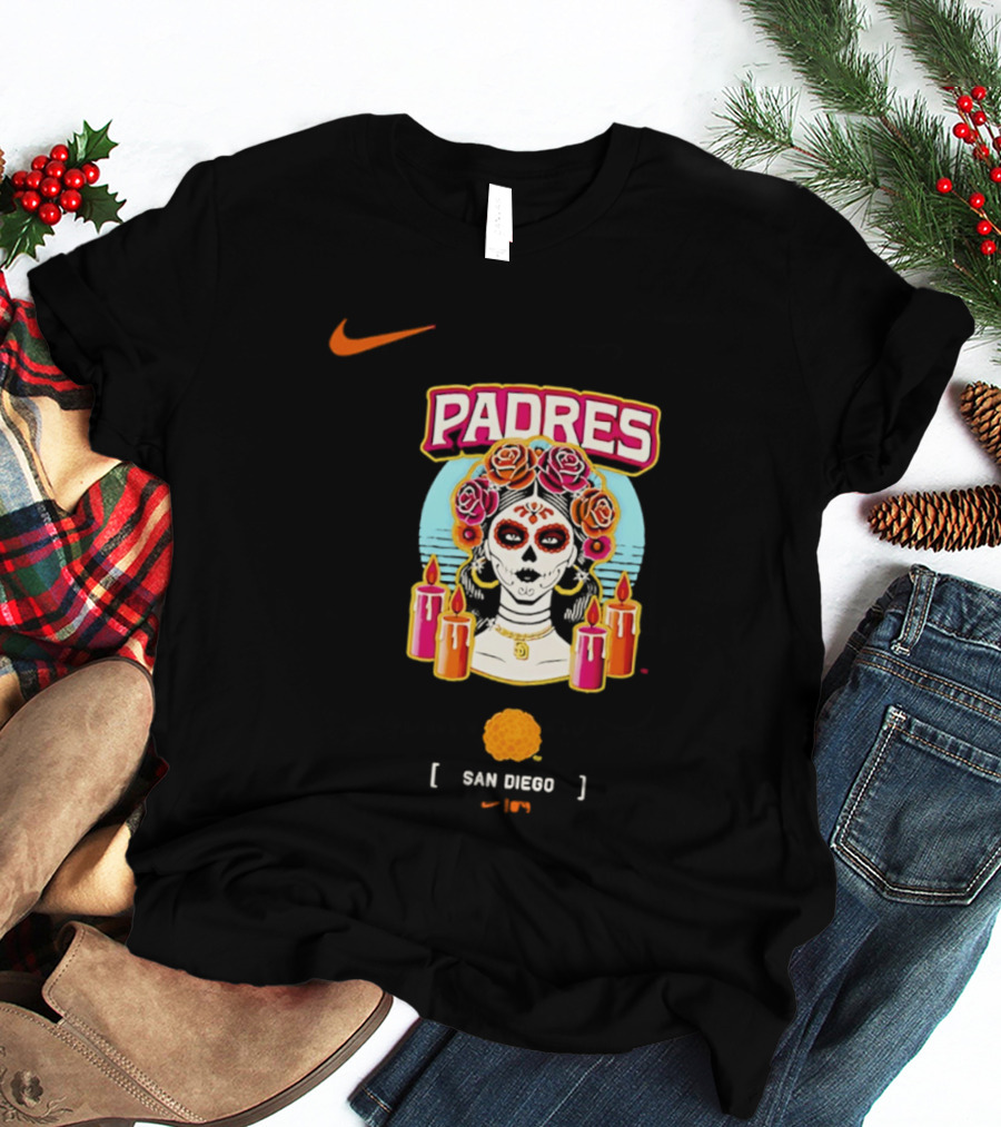 Nike San Diego Padres 2026 City Connect Dia De Los Muertos Candles Roses Large T-Shirt