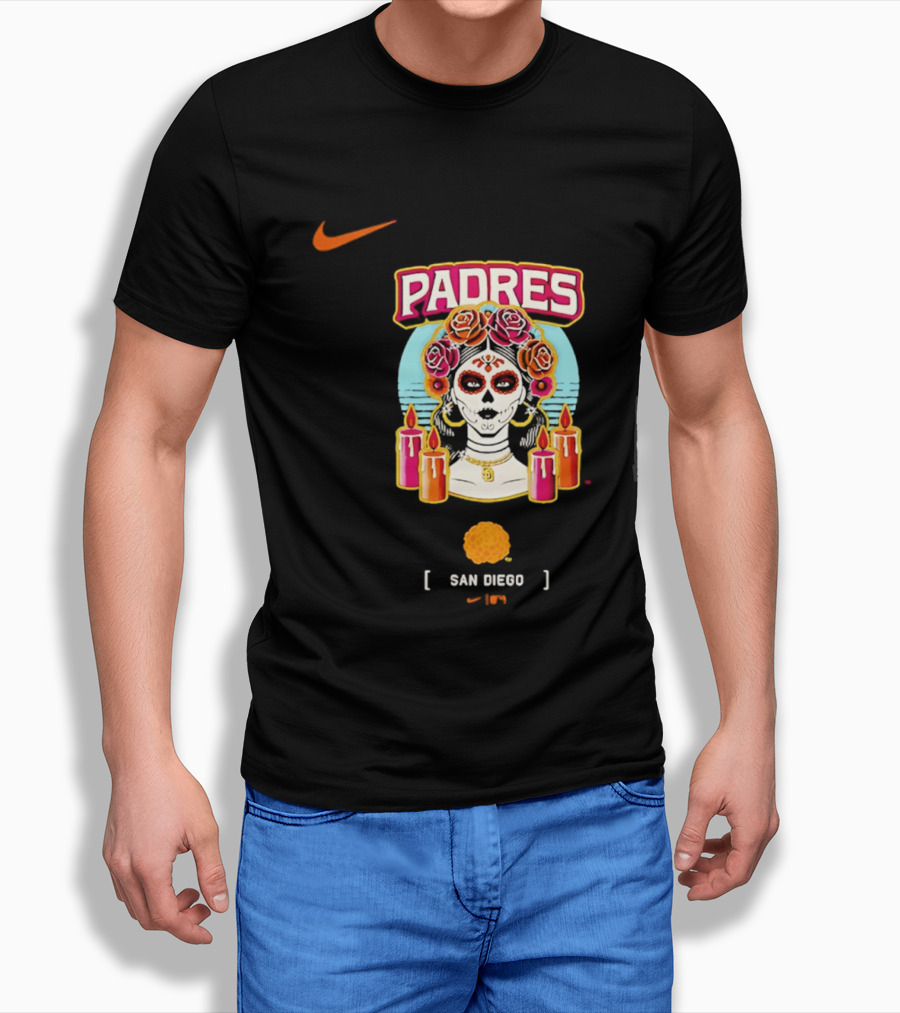 Nike San Diego Padres 2026 City Connect Dia De Los Muertos Candles Roses Large T-Shirt