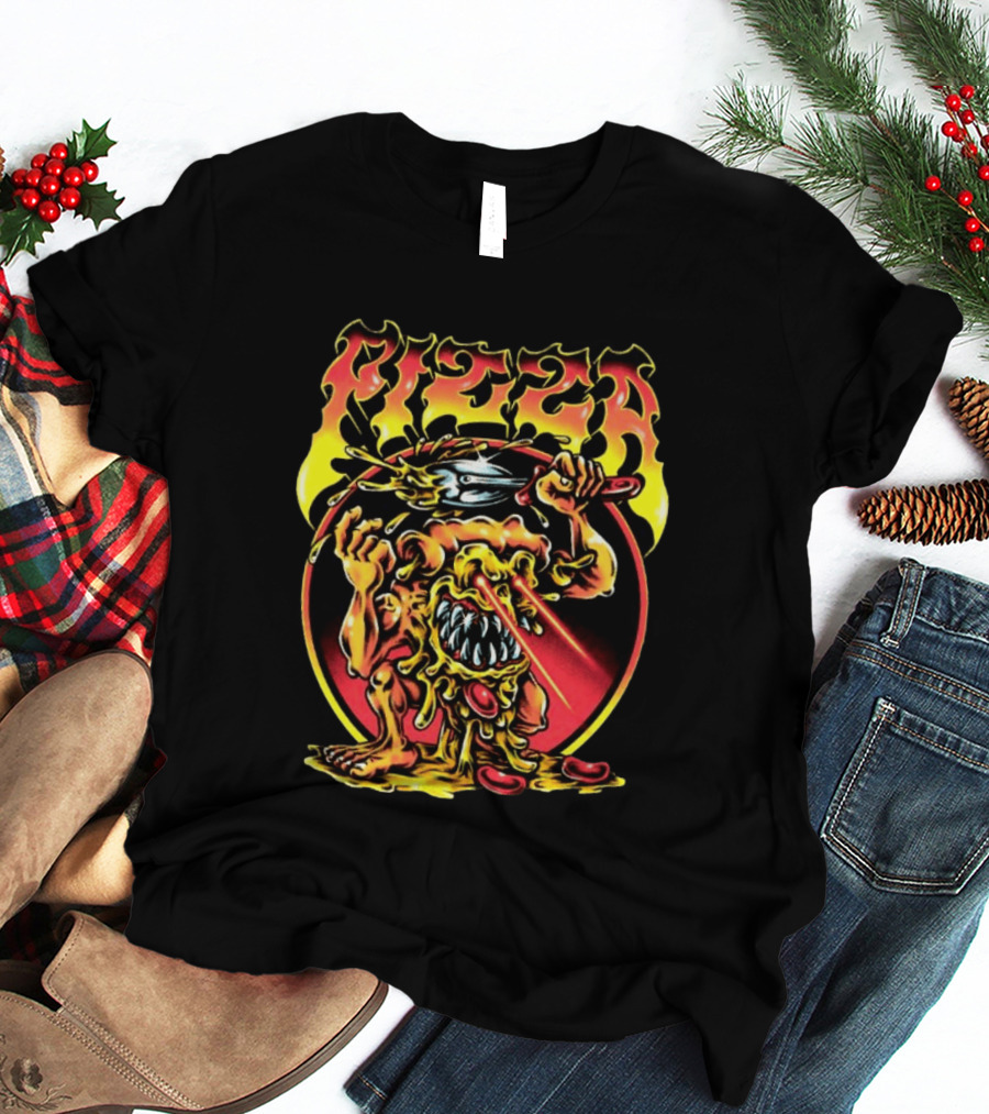 Pizza Monster Melting Laser Eyes Fiery Cheesy Creature T-Shirt