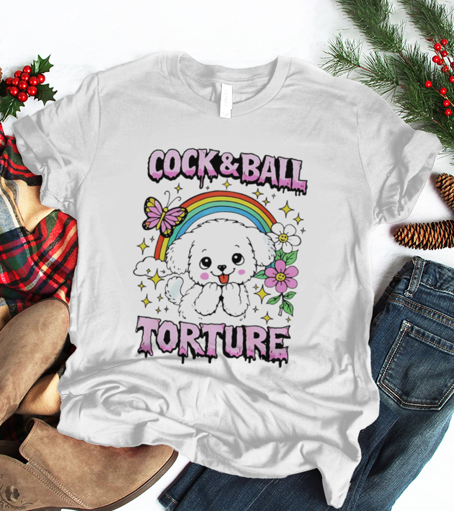 Cock And Ball Torture Dog Rainbow Butterfly Flowers T-Shirt