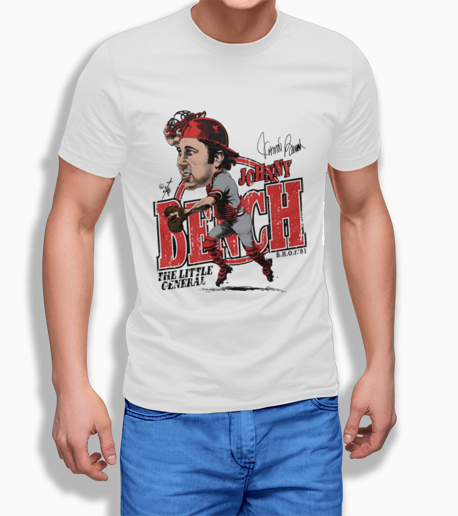 Johnny Bench Cincinnati The Little General Bruce Stark Collection HOF Caricature T-Shirt