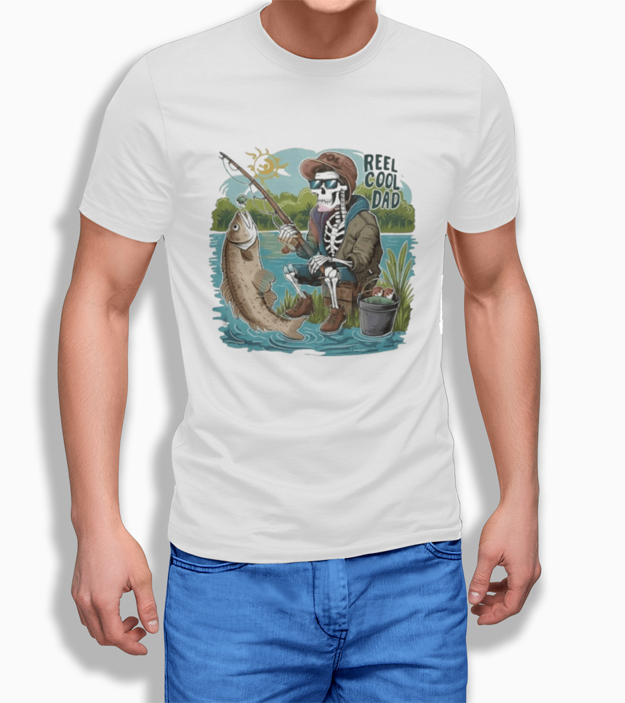 Reel Cool Dad Fishing Skeleton Catching Fish Cartoon T-Shirt