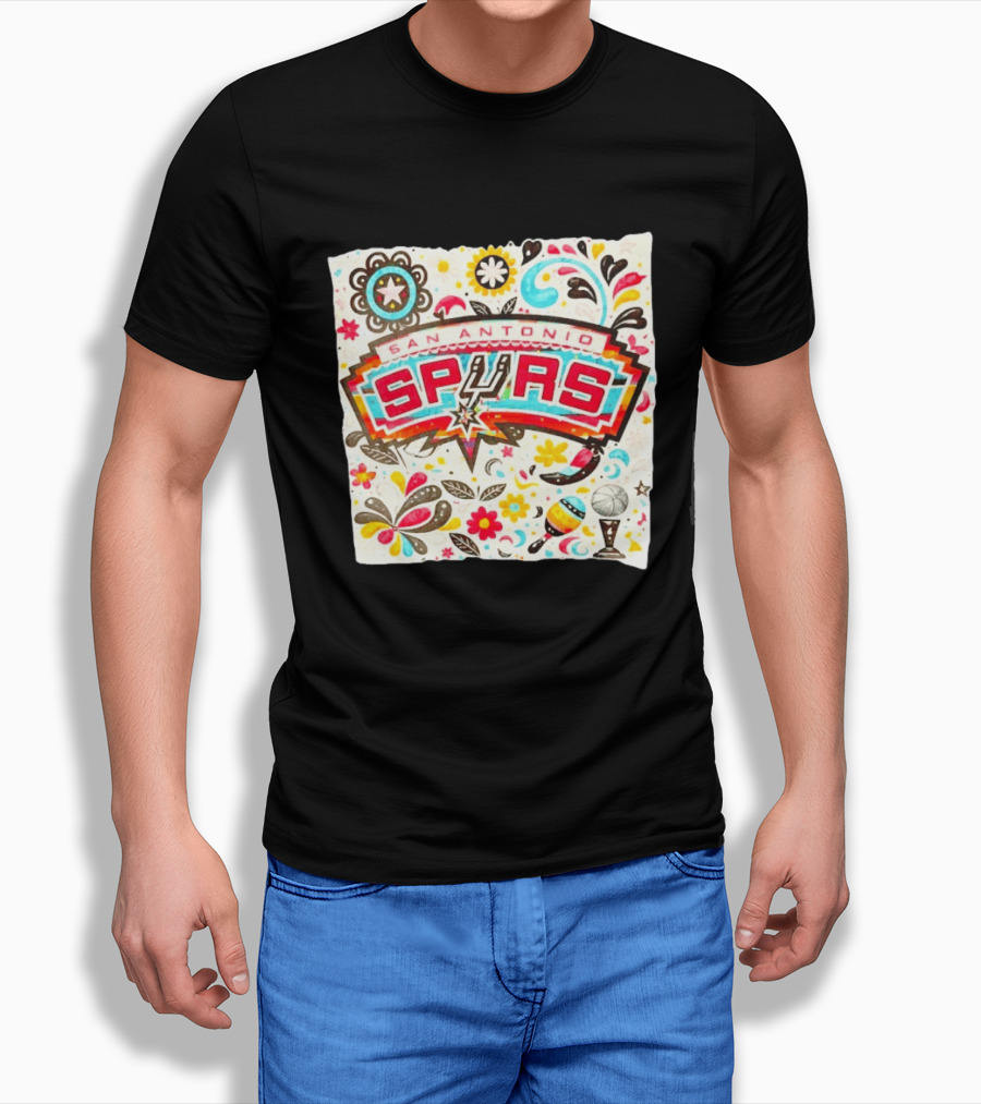 San Antonio Spurs NBA Floral Maracas Basketball Trophy Motif T-Shirt