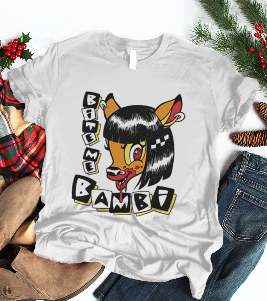 Bite Me Bambi Cartoon Character With Black Hair And Blood Dripping Mouth T-Shirt