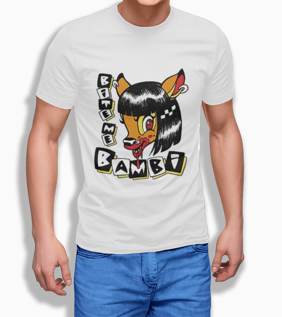 Bite Me Bambi Cartoon Character With Black Hair And Blood Dripping Mouth T-Shirt