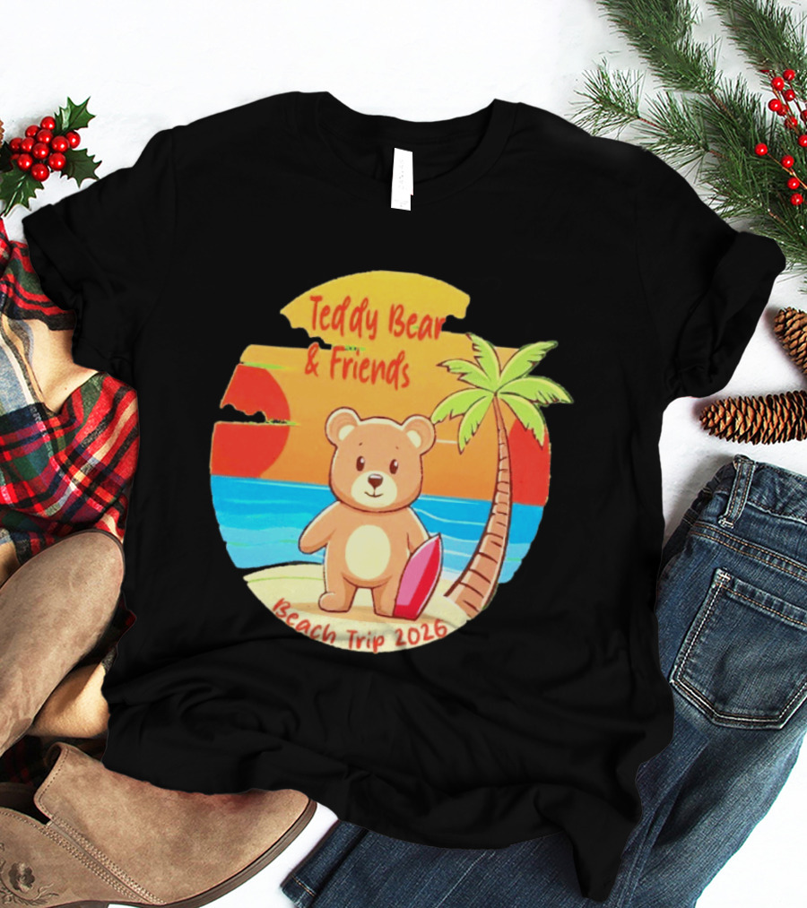 Teddy Bear And Friends Beach Trip 2026 Summer Adventure With Palm And Sunset T-Shirt