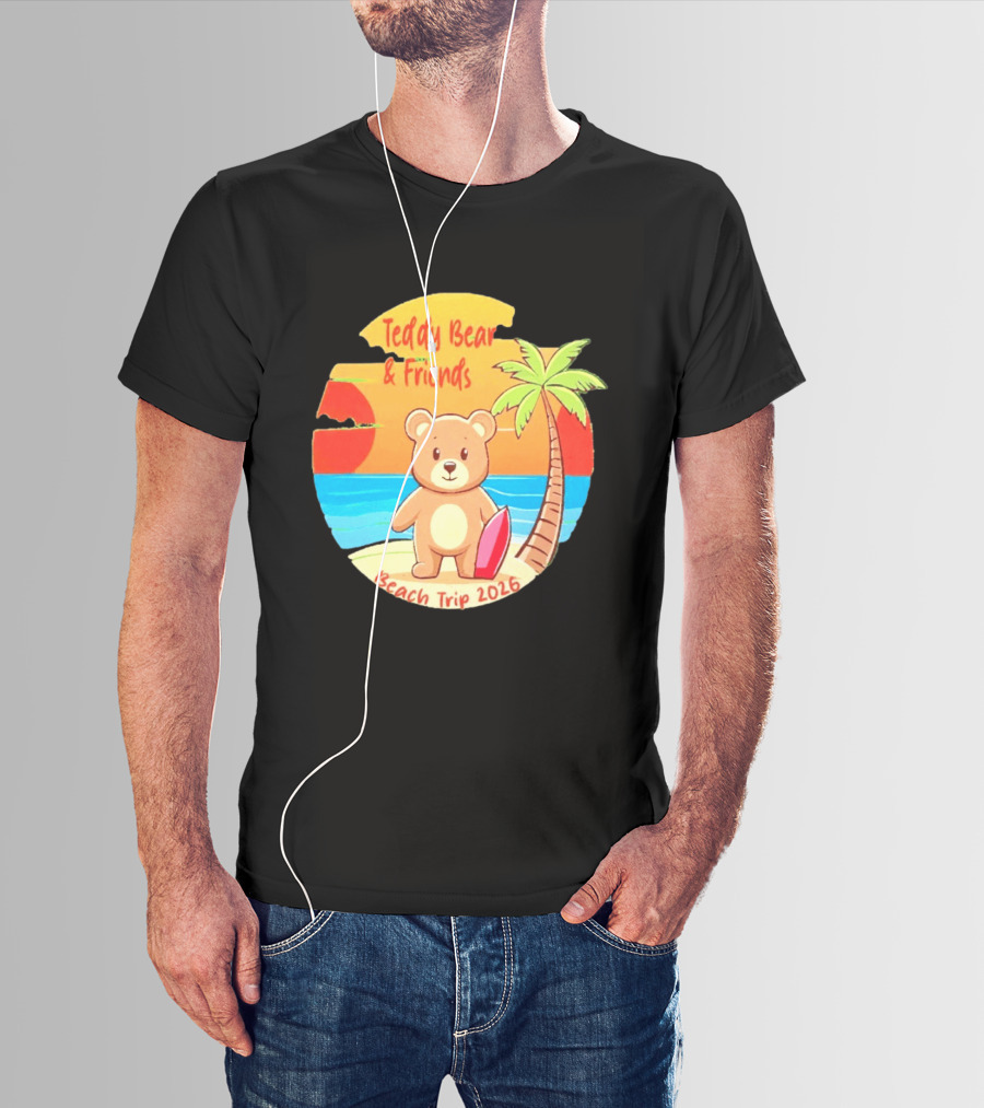 Teddy Bear And Friends Beach Trip 2026 Summer Adventure With Palm And Sunset T-Shirt
