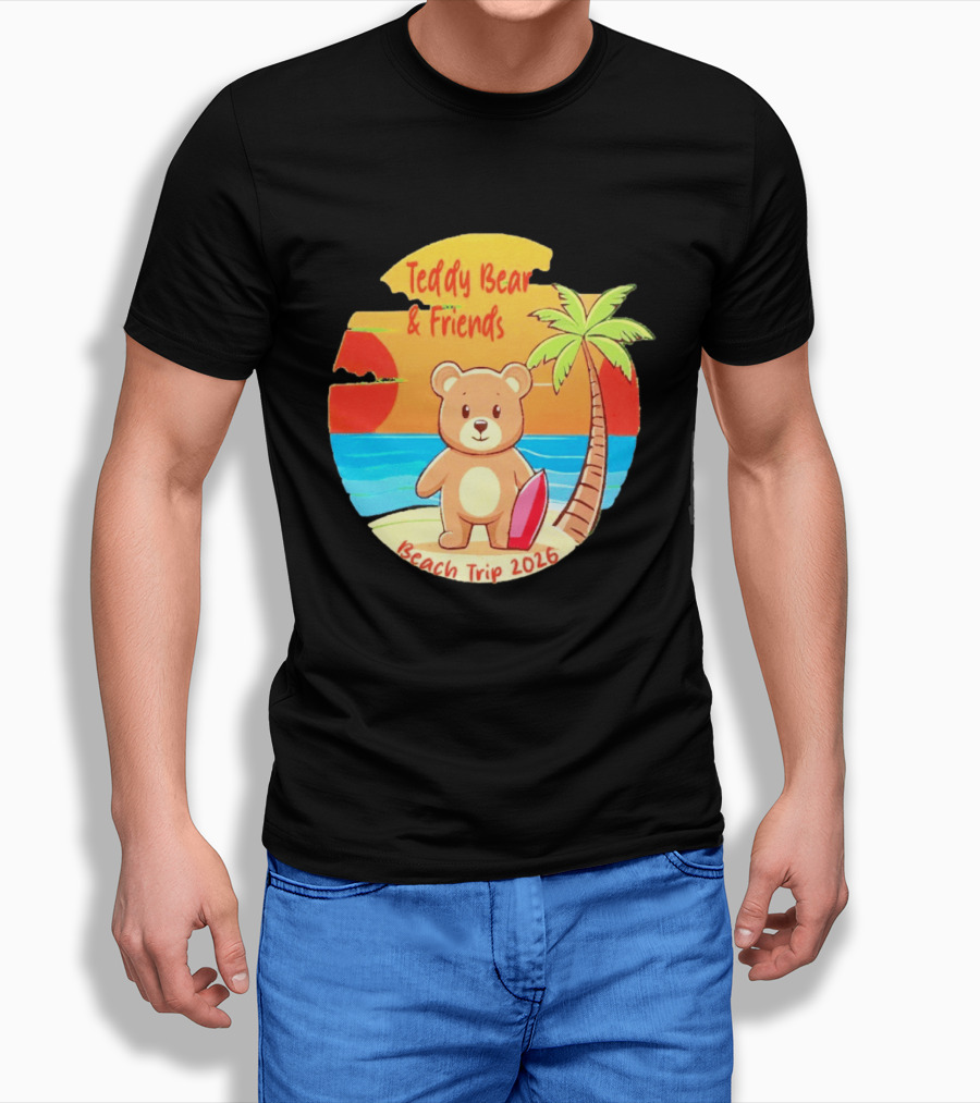 Teddy Bear And Friends Beach Trip 2026 Summer Adventure With Palm And Sunset T-Shirt