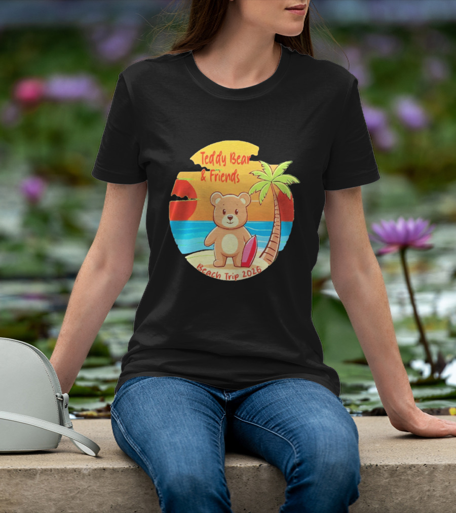 Teddy Bear And Friends Beach Trip 2026 Summer Adventure With Palm And Sunset T-Shirt