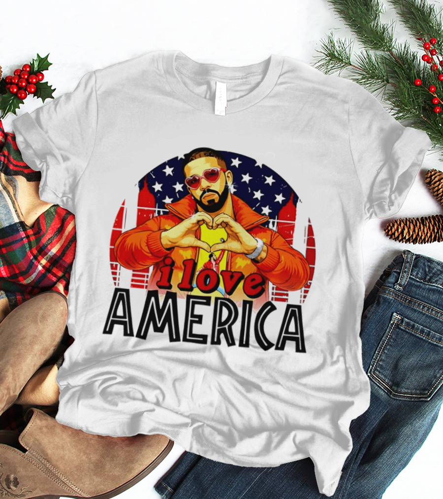 Drake I Love America Flag Heart Gesture Red Jacket Sunglasses T-Shirt