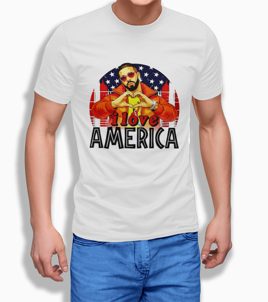 Drake I Love America Flag Heart Gesture Red Jacket Sunglasses T-Shirt
