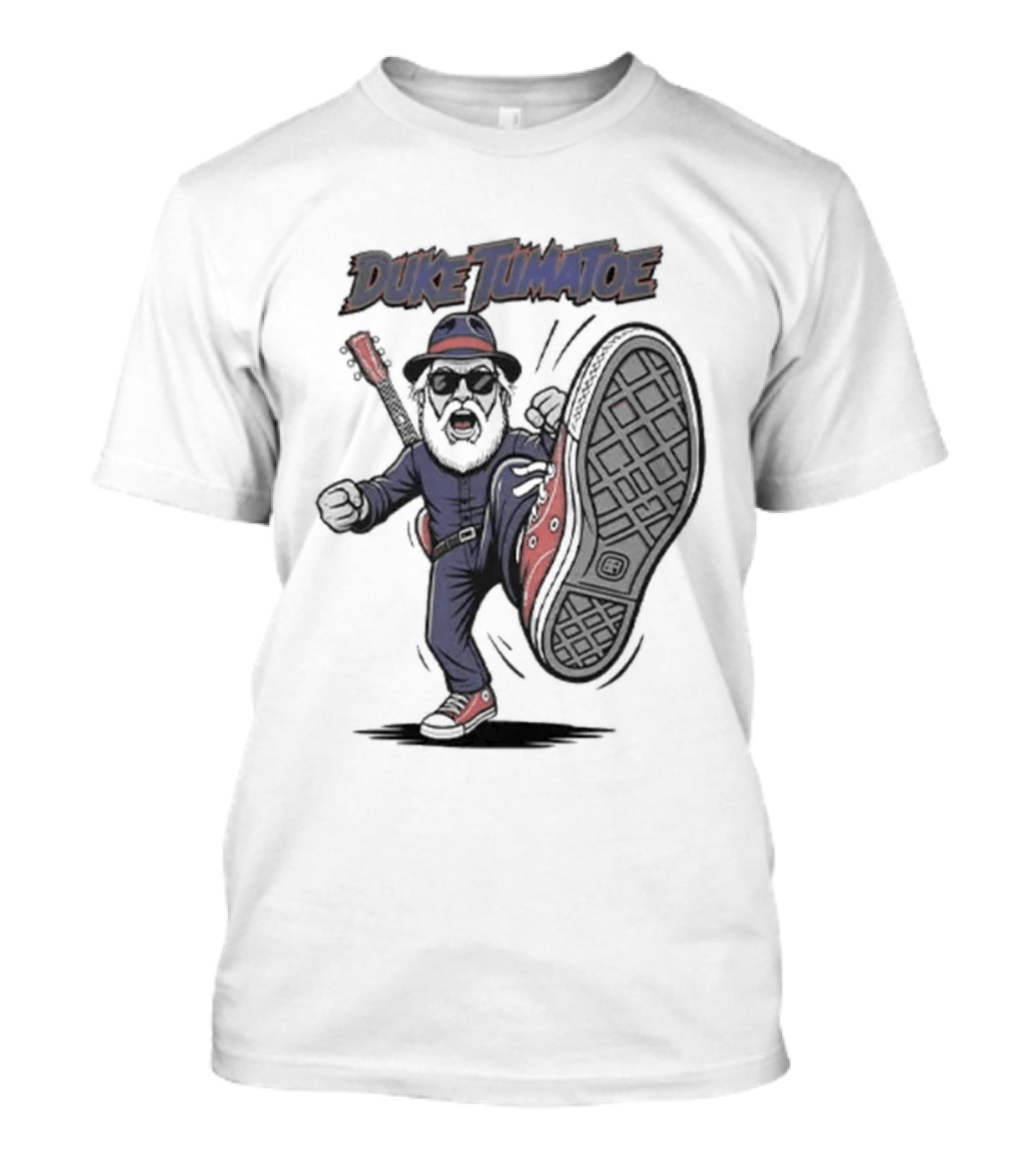 Duke Tumatoe Character Kicking Action In Blue Outfit And Red Shoes T-Shirt