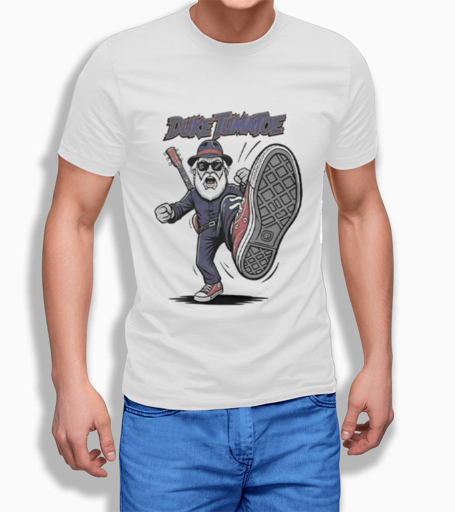 Duke Tumatoe Character Kicking Action In Blue Outfit And Red Shoes T-Shirt