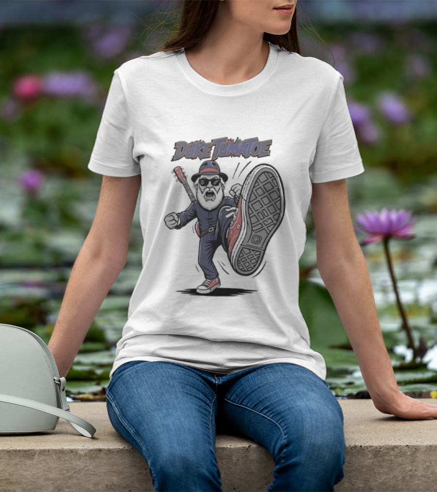 Duke Tumatoe Character Kicking Action In Blue Outfit And Red Shoes T-Shirt