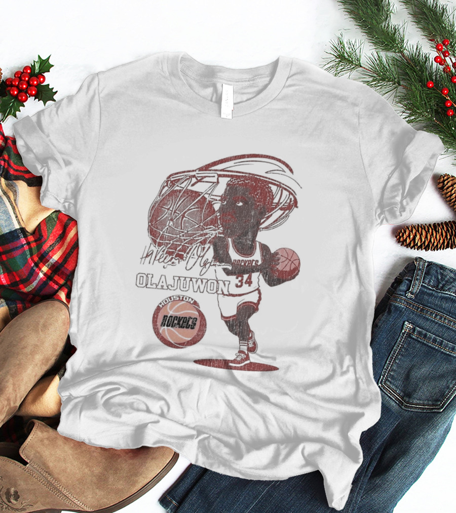 Houston Rockets Hardwood Classics Hakeem Olajuwon Number 34 Caricature T-Shirt