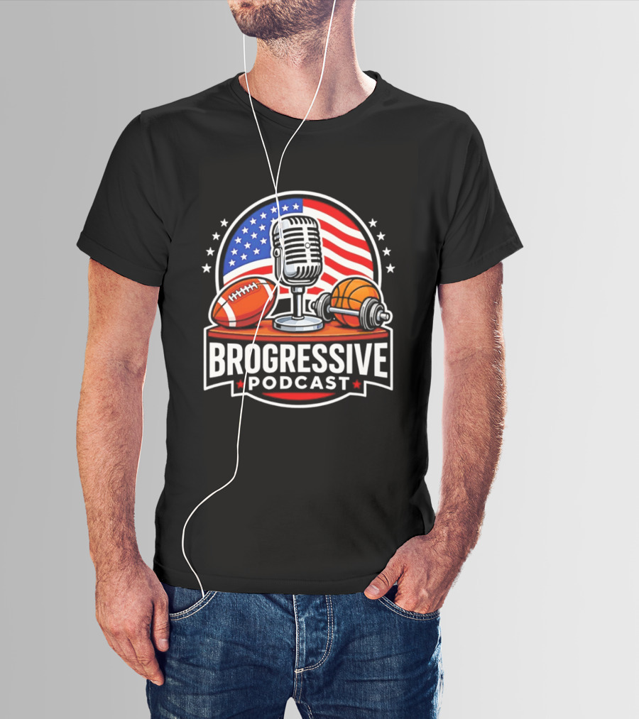 Brogressive Podcast American Flag Microphone Football Dumbbell Stars T-Shirt