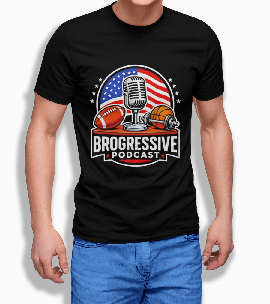 Brogressive Podcast American Flag Microphone Football Dumbbell Stars T-Shirt