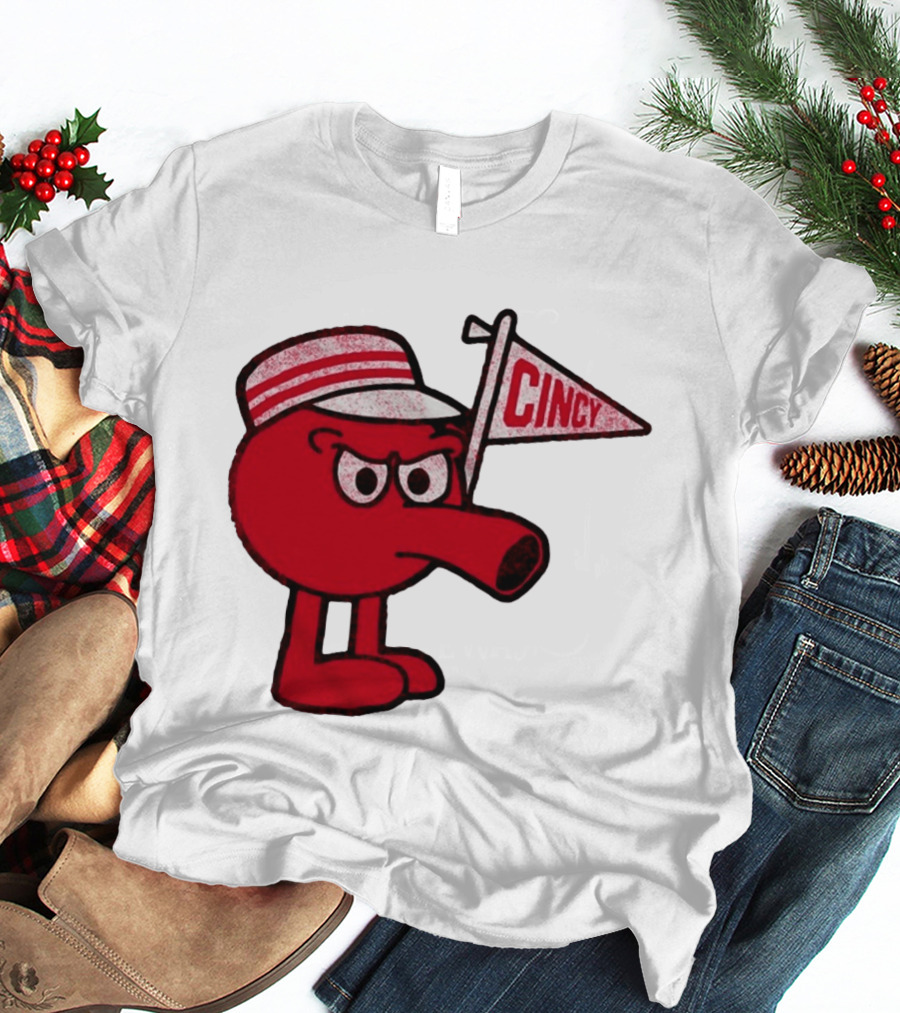 Cincy Redbert Cartoon Character With Striped Hat And Flag T-Shirt