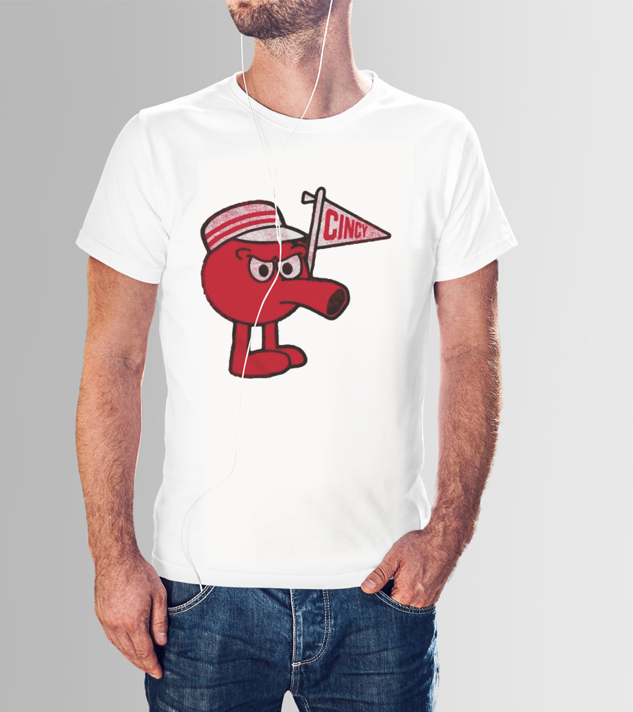 Cincy Redbert Cartoon Character With Striped Hat And Flag T-Shirt