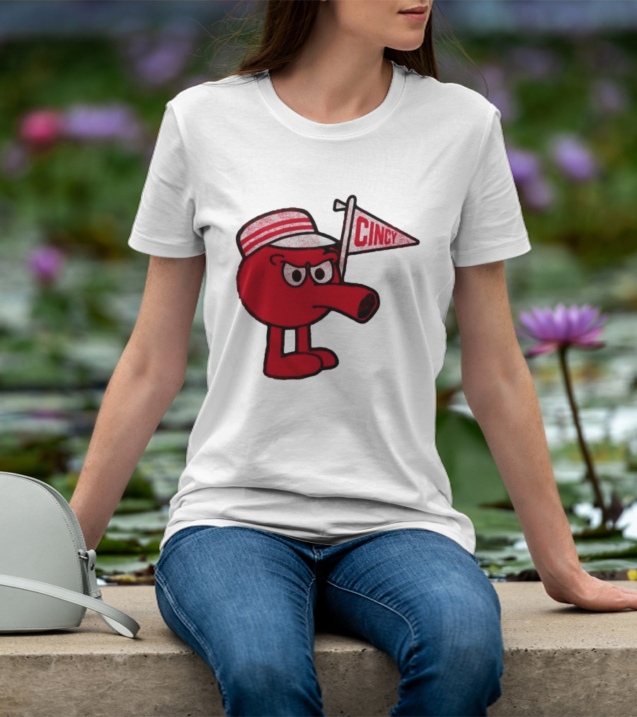 Cincy Redbert Cartoon Character With Striped Hat And Flag T-Shirt