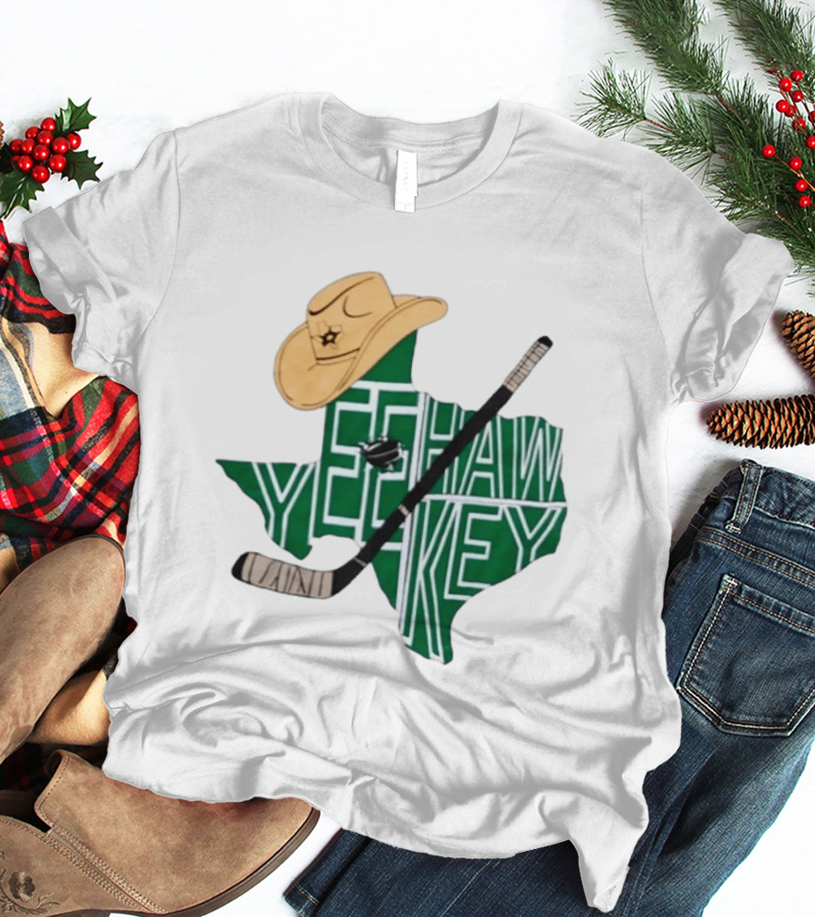 Texas Hockey Yeehaw Stars Cowboy Hat Hockey Stick 2026 Casey DeSmith Jake Oettinger Appreciation Night T-Shirt