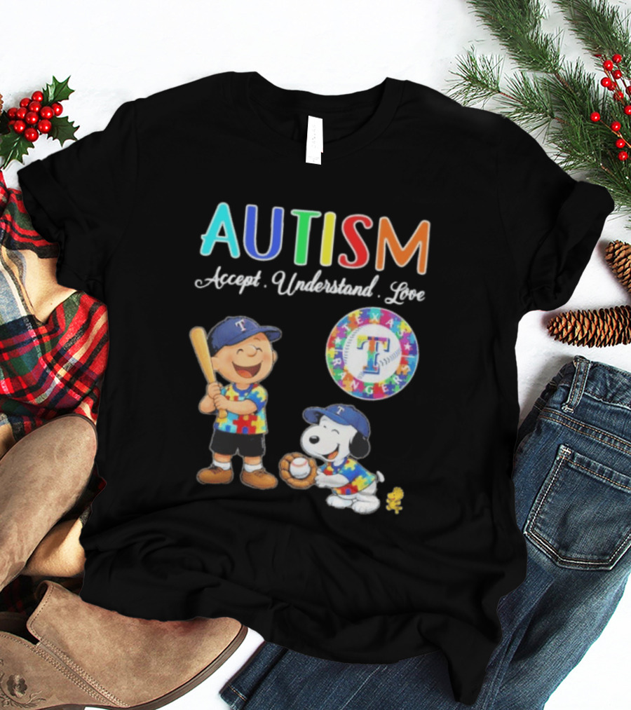 Peanuts Texas Rangers Autism Accept Understand Love Charlie Brown Snoopy T-Shirt