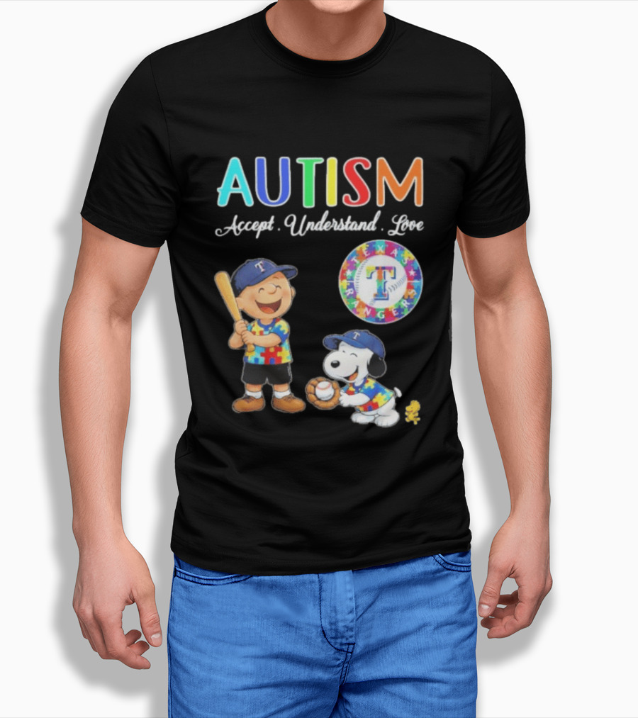 Peanuts Texas Rangers Autism Accept Understand Love Charlie Brown Snoopy T-Shirt
