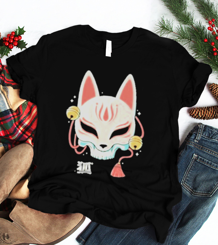 Lonely Club Kitsune Skull Mask With Bells And Kanji T-Shirt