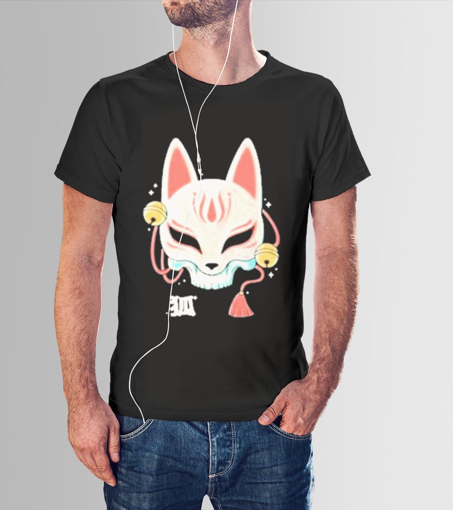Lonely Club Kitsune Skull Mask With Bells And Kanji T-Shirt