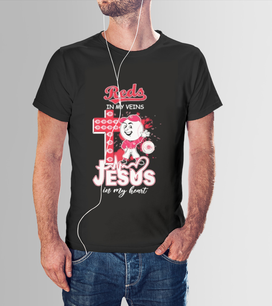 Reds In My Veins Jesus In My Heart Baseball Cross T-Shirt