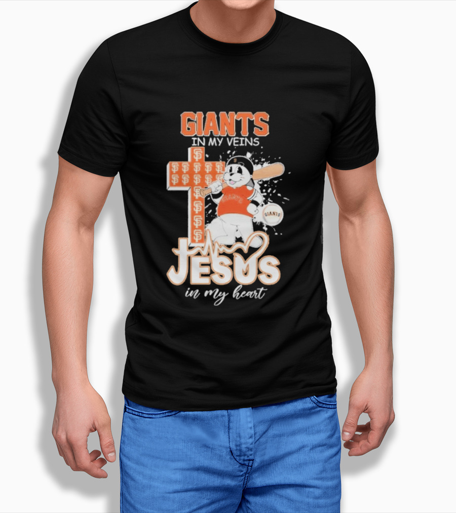 San Francisco Giants In My Veins Jesus In My Heart Baseball Cross Panda T-Shirt