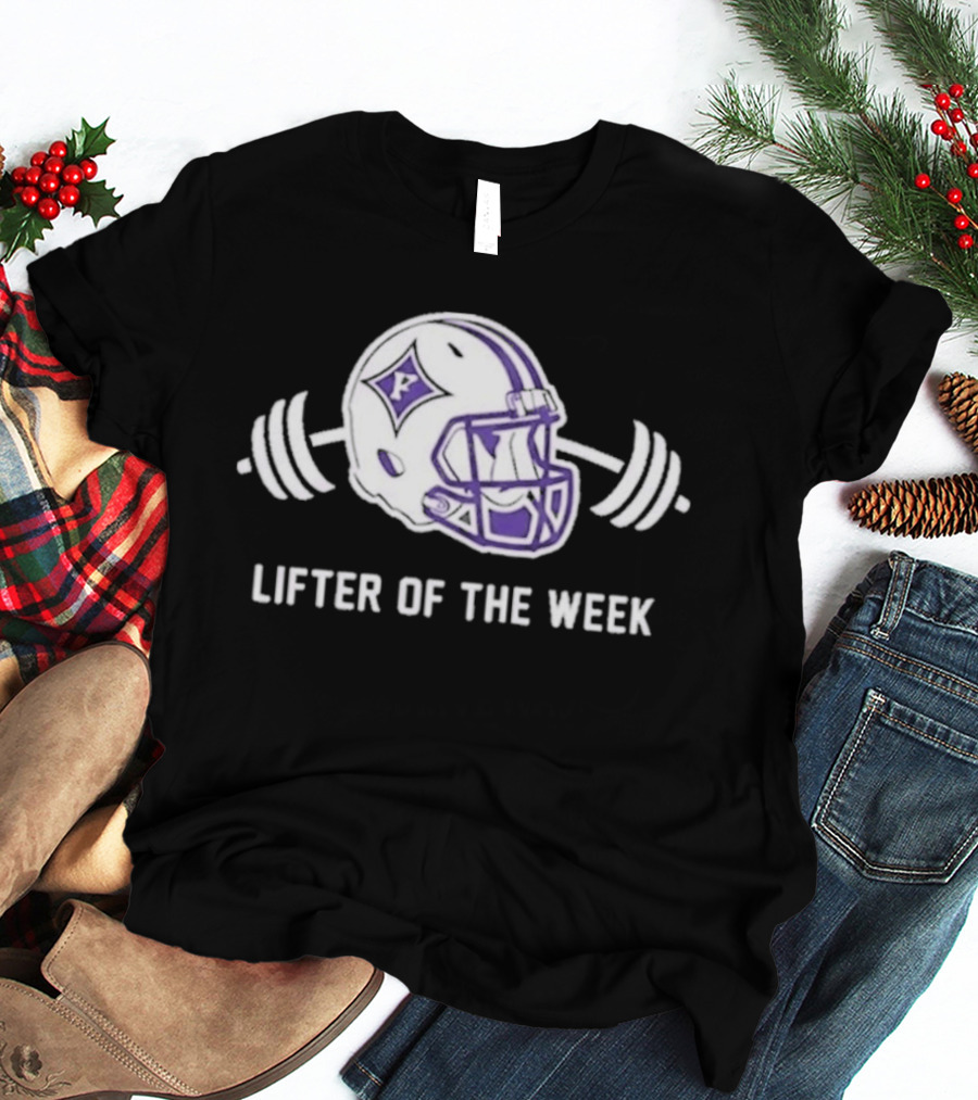 Furman Paladins Lifter Of The Week Helmet Logo With Weights T-Shirt
