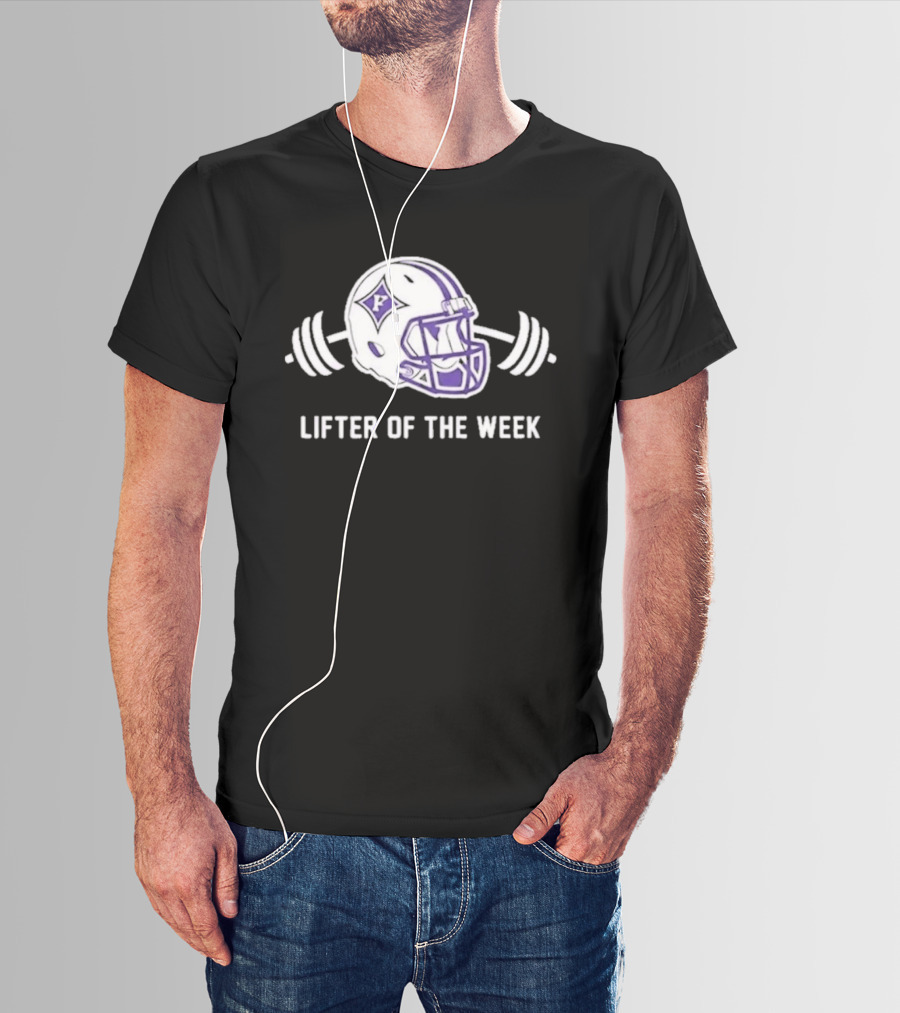 Furman Paladins Lifter Of The Week Helmet Logo With Weights T-Shirt