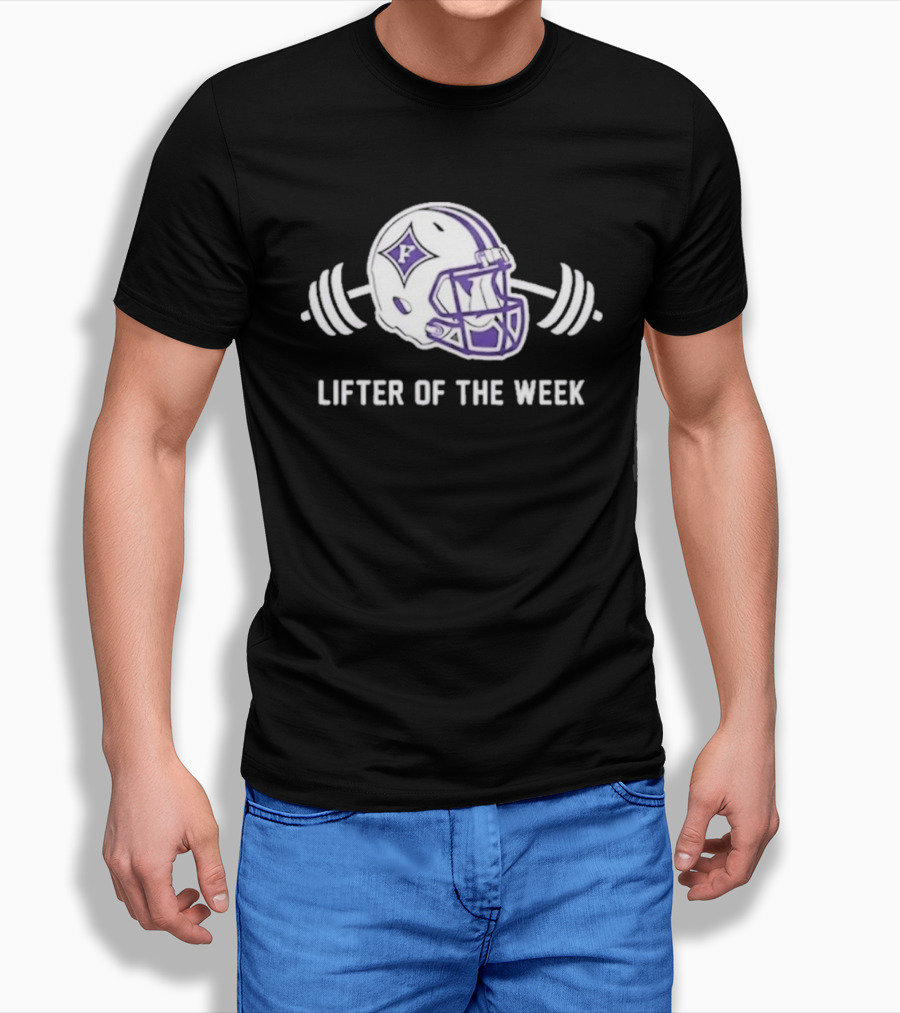 Furman Paladins Lifter Of The Week Helmet Logo With Weights T-Shirt