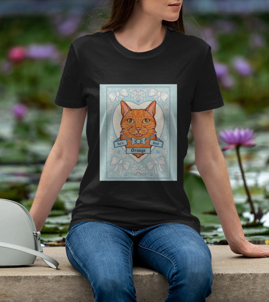 He's Just Orange Cat Floral Bow Blue T-Shirt