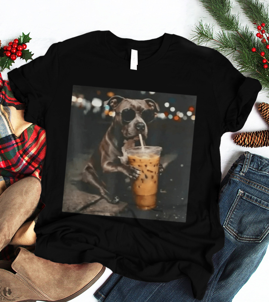 Rottweiler Dog With Sunglasses Sipping Iced Coffee T-Shirt