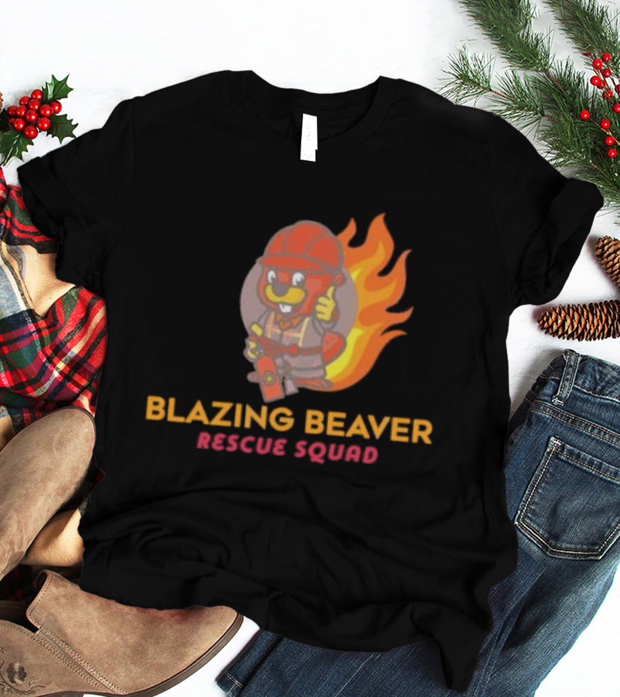 Blazing Beaver Rescue Squad Firefighter Cartoon With Flames T-Shirt