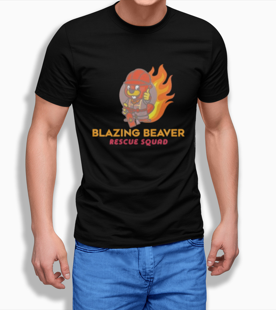Blazing Beaver Rescue Squad Firefighter Cartoon With Flames T-Shirt